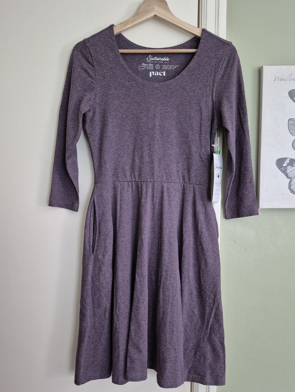 NWT Pact Fit And Flare Organic Cotton Midi Dress, Stretchy, Pockets, Scoopneck S
